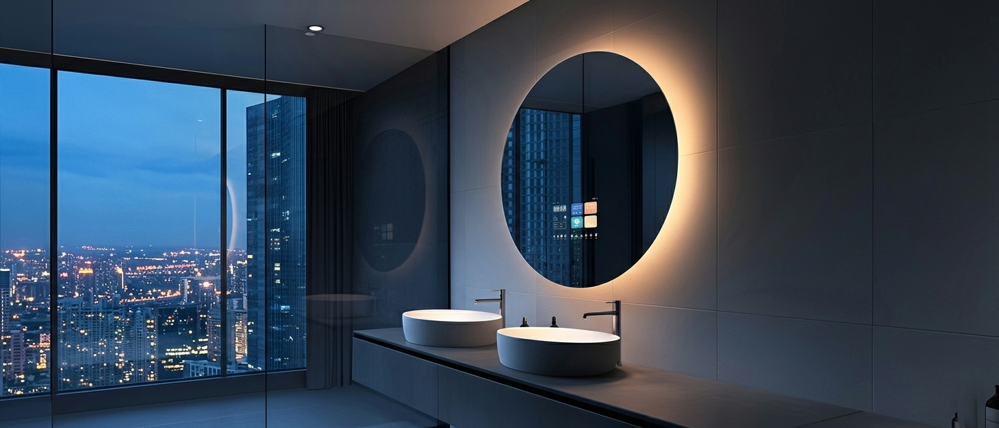Modern bathroom with round smart mirror, ambient lighting, and city view at dusk