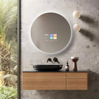 Aura Series Circle Smart Mirror with touch display in modern bathroom.