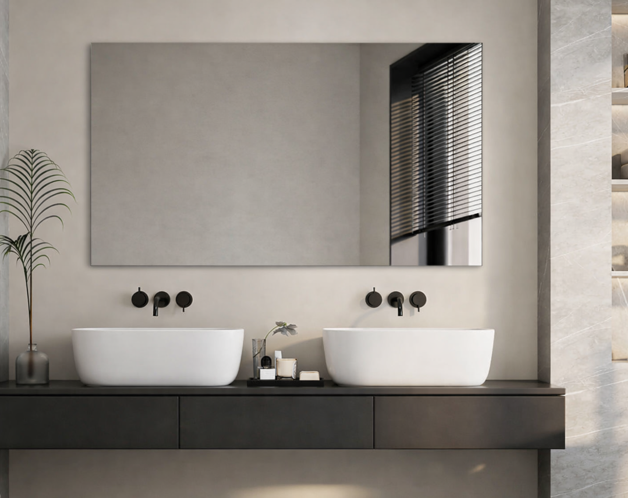 Modern bathroom with large smart mirror, dual white sinks, black fixtures, and minimalist decor