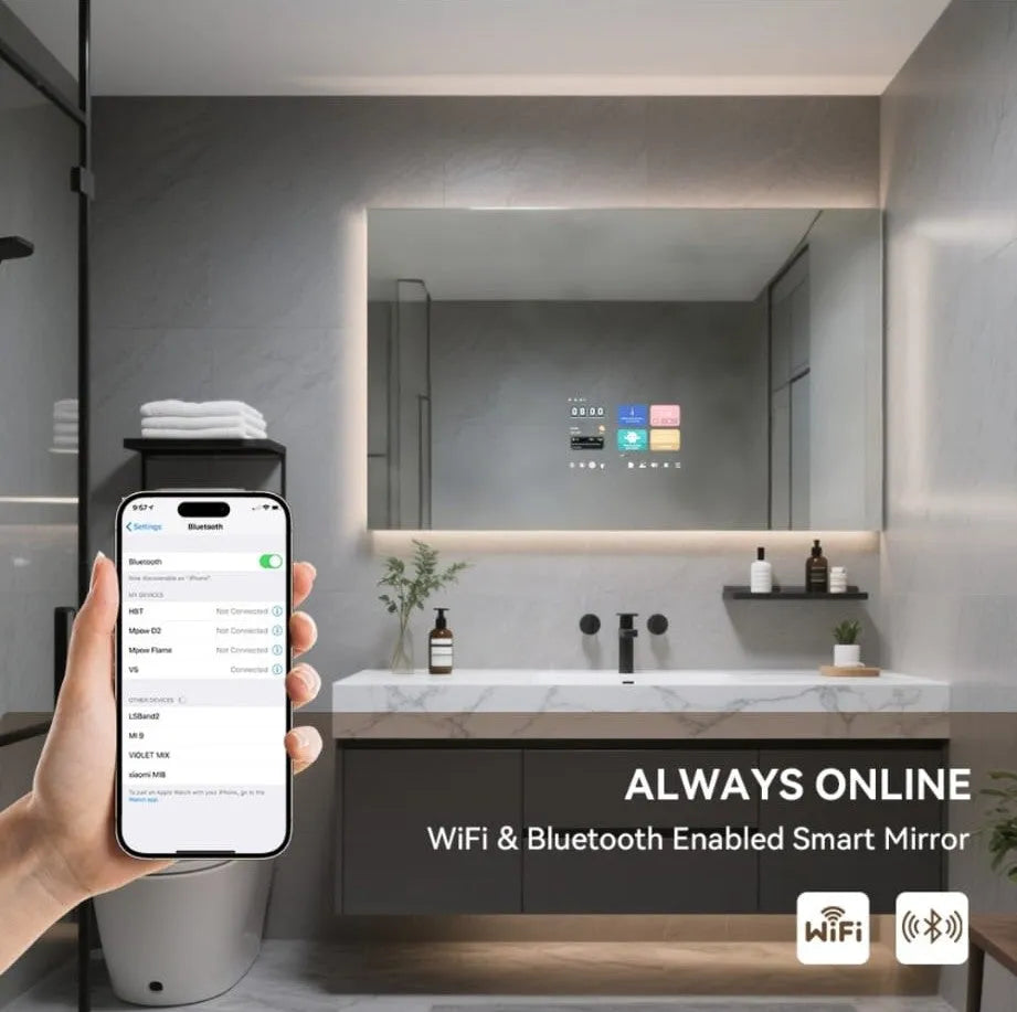 Nova Series Rectangle Smart Mirror with touch display in modern bathroom