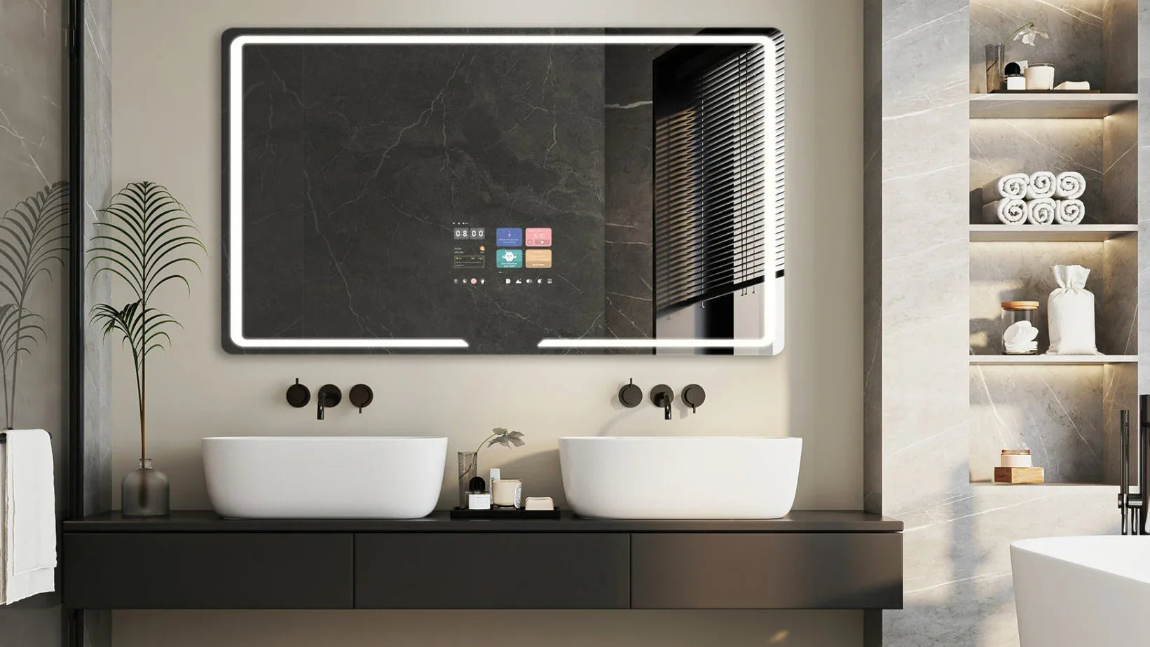 Smart mirror with LED lighting and touch interface in modern luxury bathroom with dual sinks