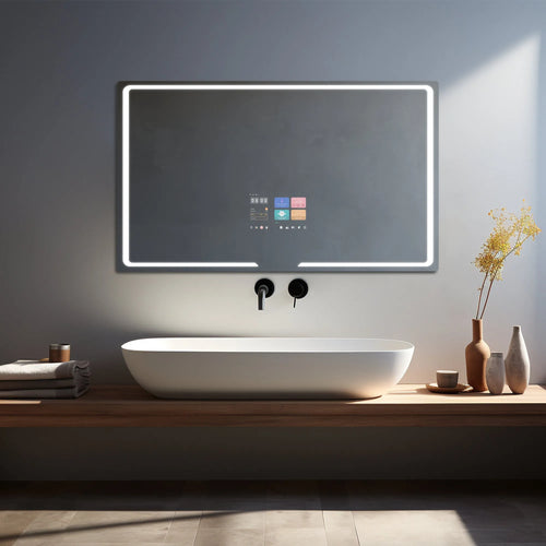 Infinity Series Rectangle Smart Mirror with touch display in modern bathroom